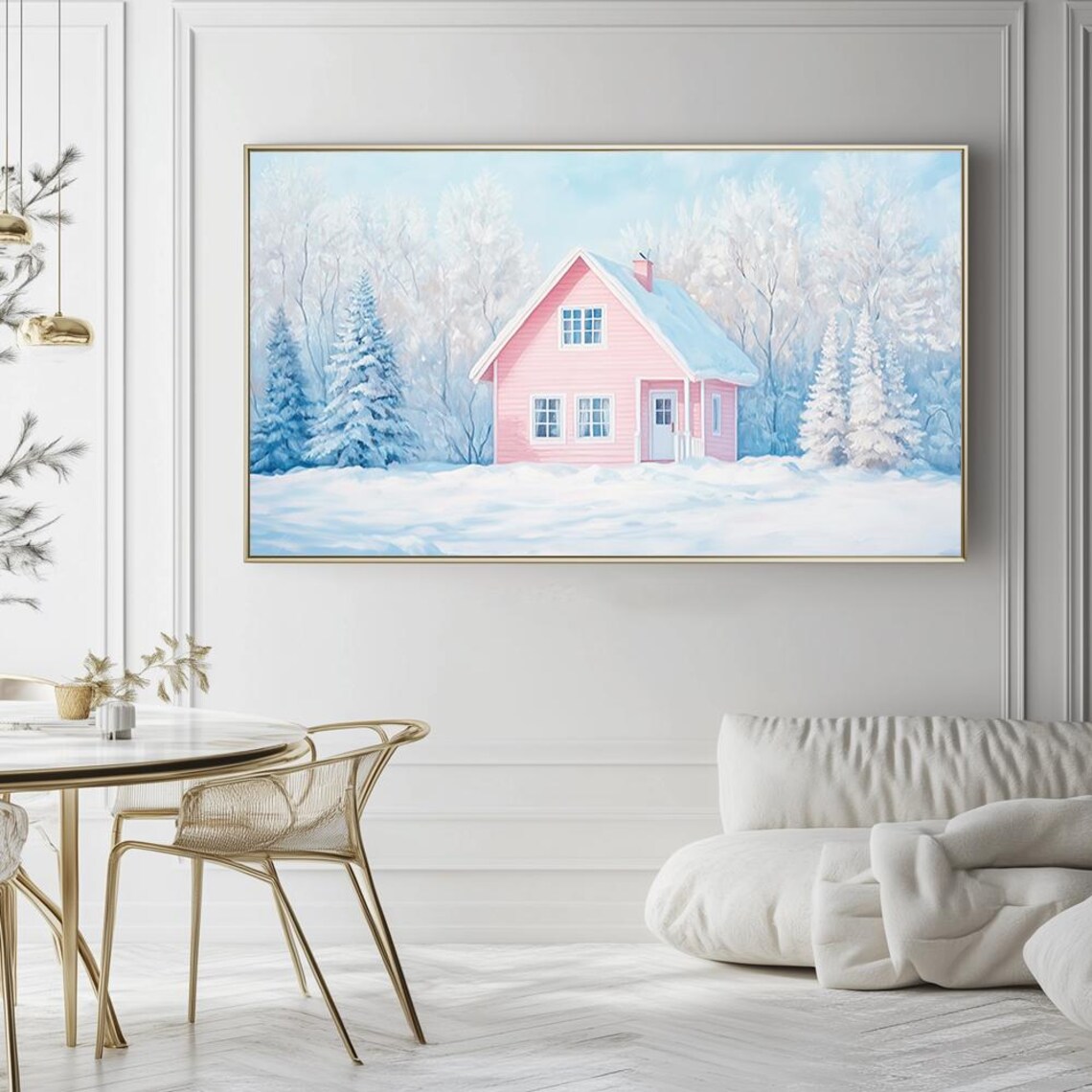 Pink Cottage in Snowy Winter Wonderland Dreamy Landscape Wall Art - Image 7