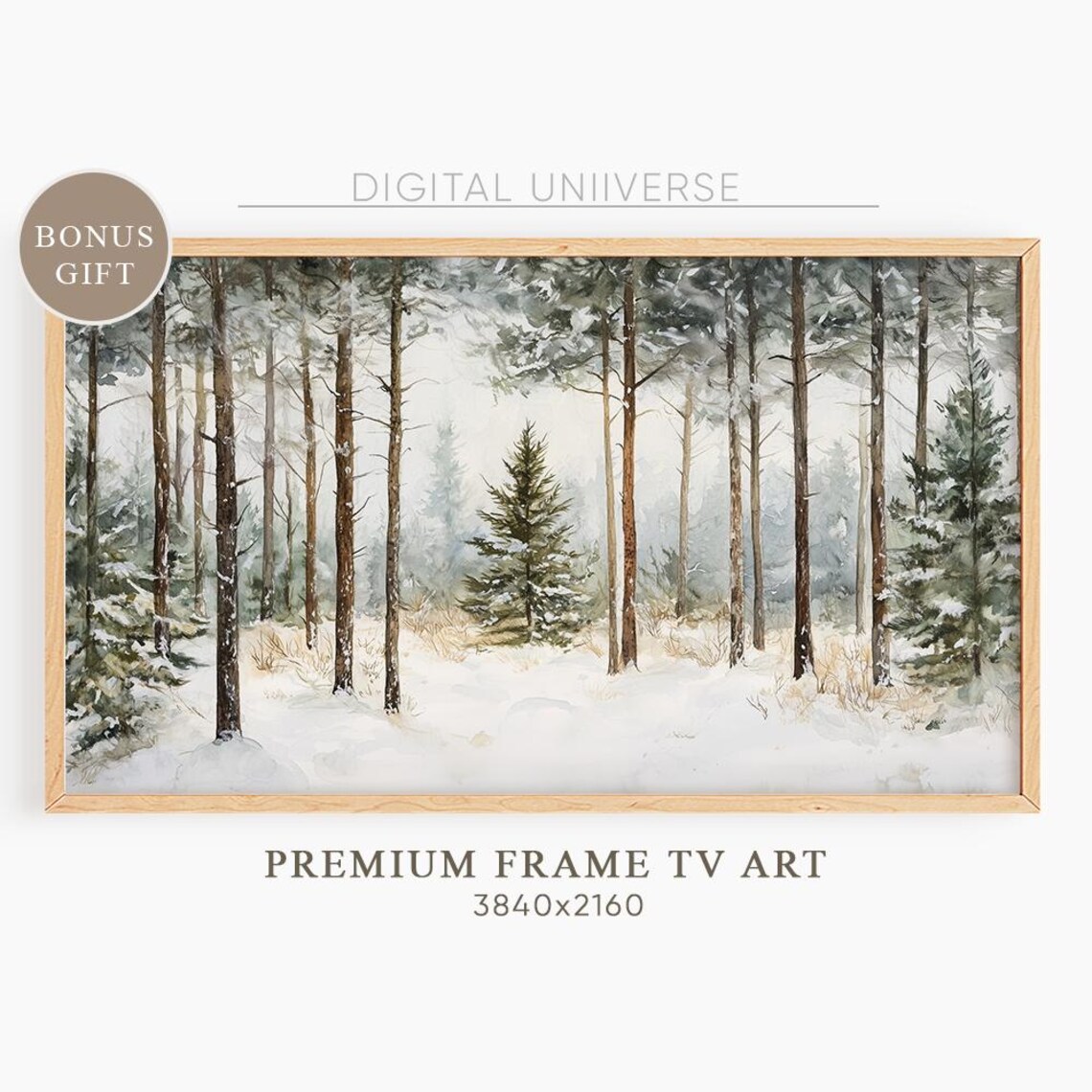 Misty Snowy Pine Forest Watercolor Winter Landscape Wall Art