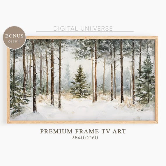 Watercolor Moody Winter Forest Landscape Frame Tv Art Rustic Vintage Christmas Screensaver Evergreen Trees Christmas Decor
