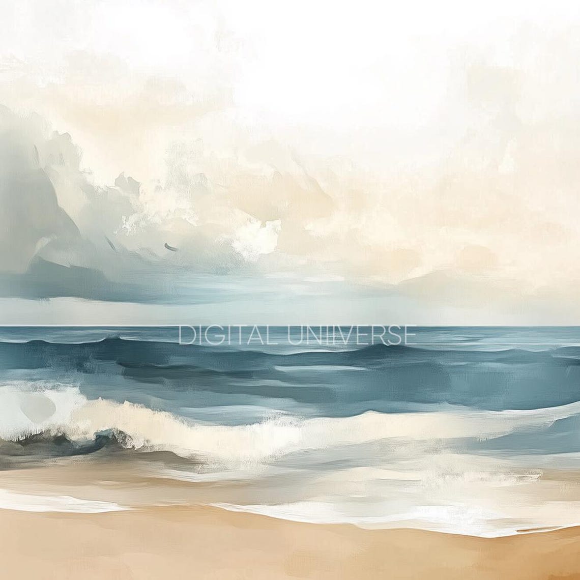 Beach Waves Under Cloudy Sky Watercolor Coastal Scene Wall Art - Image 3