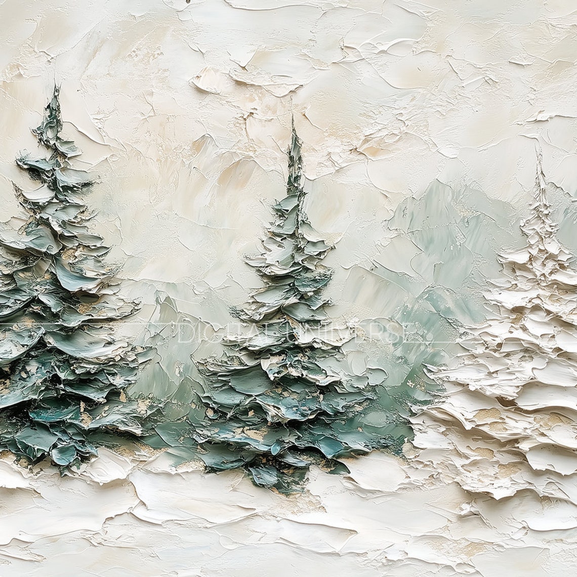 Textured Impasto Snowy Pine Trees Winter Painting Scenic Wall Art - Image 3