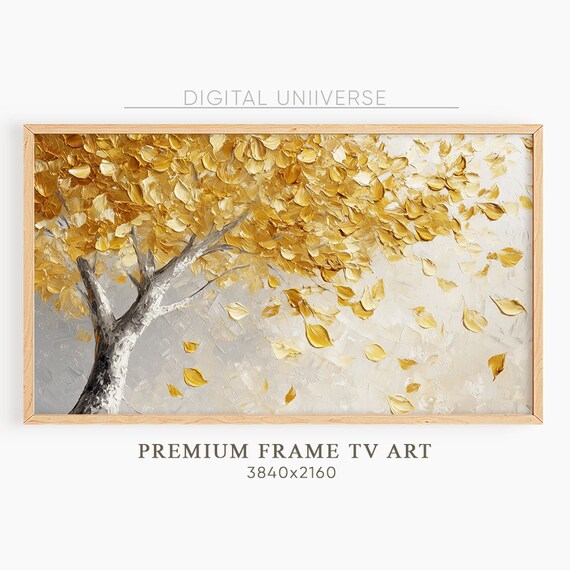 Golden Autumn Tree with Falling Leaves Impasto Oil Painting Wall Art