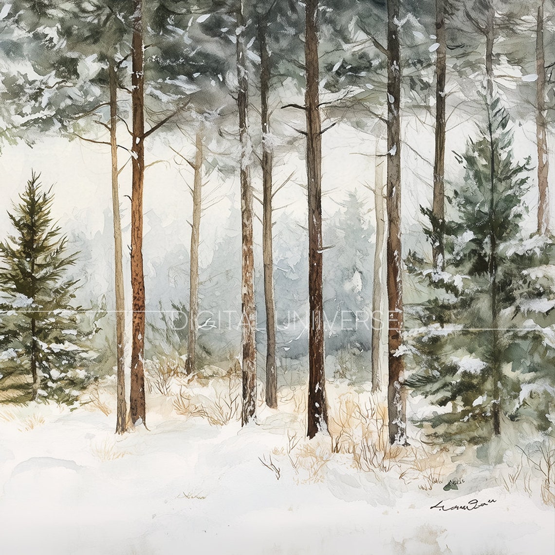 Misty Snowy Pine Forest Watercolor Winter Landscape Wall Art - Image 3