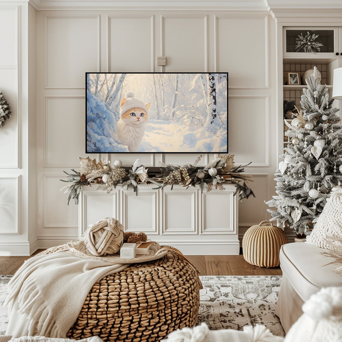 Cute White Kitten Knit Hat Snowy Winter Forest Painting Poster - Image 7