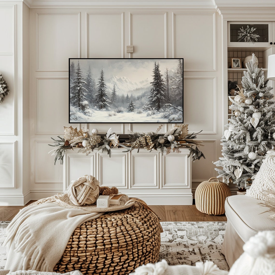 Snowy Mountain Forest with Towering Pines Winter Landscape Wall Art - Image 7
