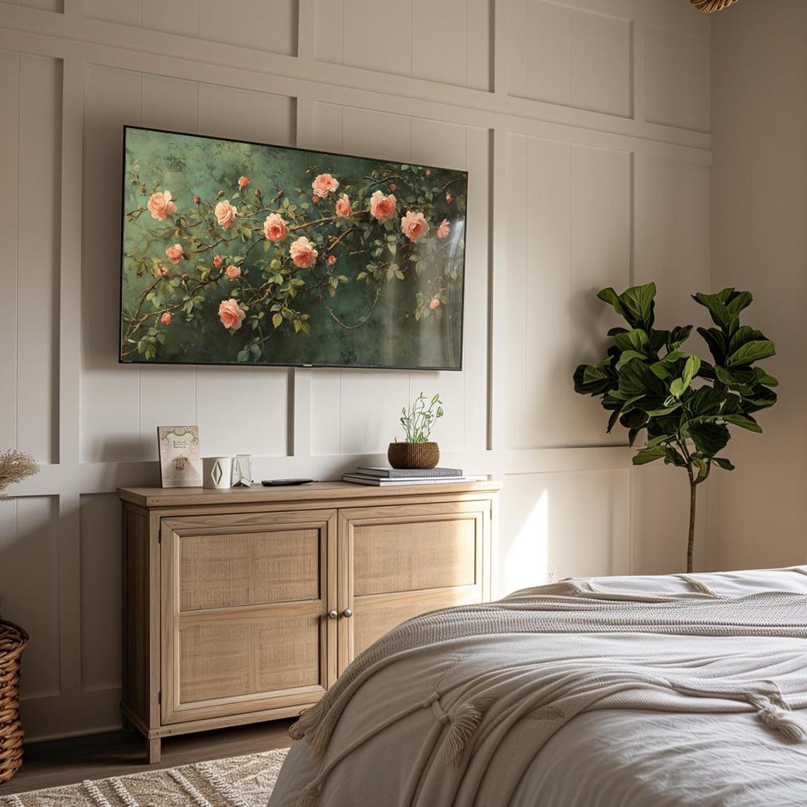 Pink Climbing Roses on Dark Green Moody Botanical Art Wall Art - Image 6