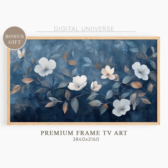 White Flowers on Deep Navy Blue Moody Floral Painting Wall Art