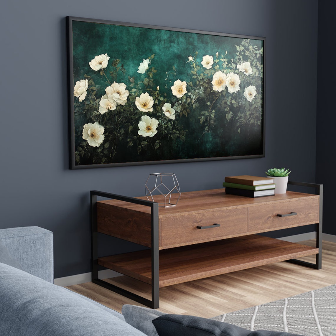 White Wild Roses on Dark Teal Moody Botanical Oil Painting Wall Art - Image 5