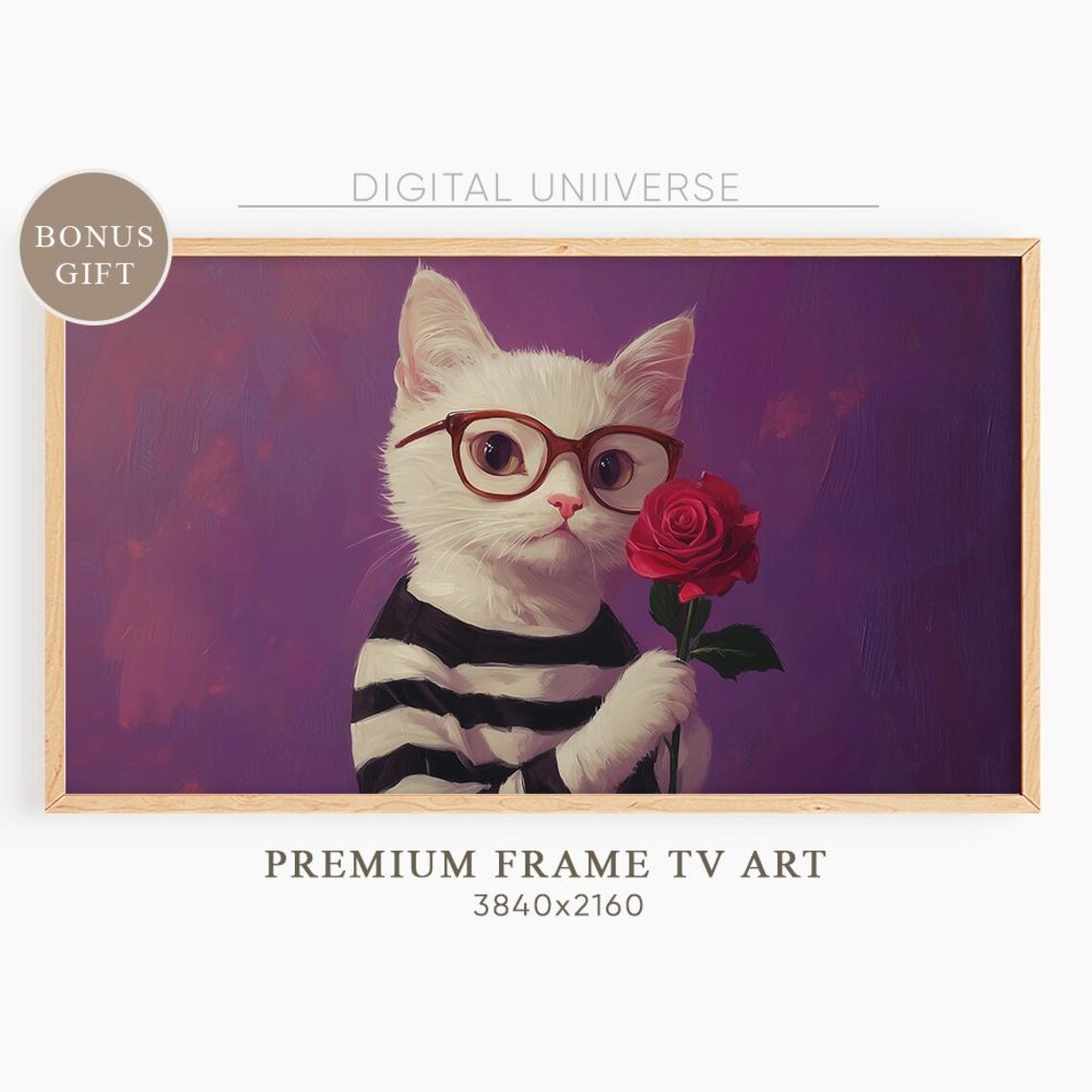 Smart White Cat with Glasses Holding Red Rose Valentine Poster