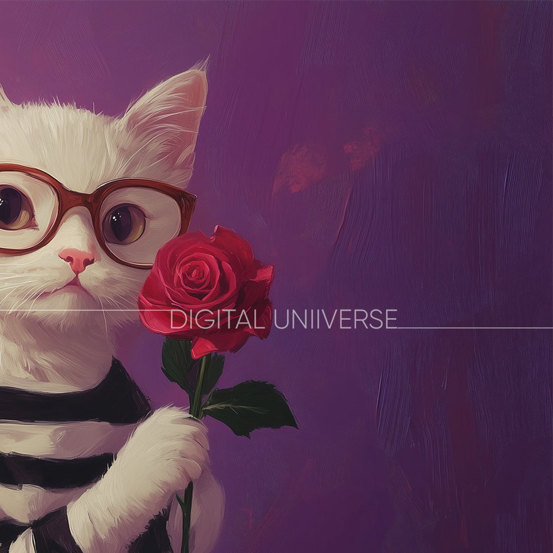 Smart White Cat with Glasses Holding Red Rose Valentine Poster - Image 3