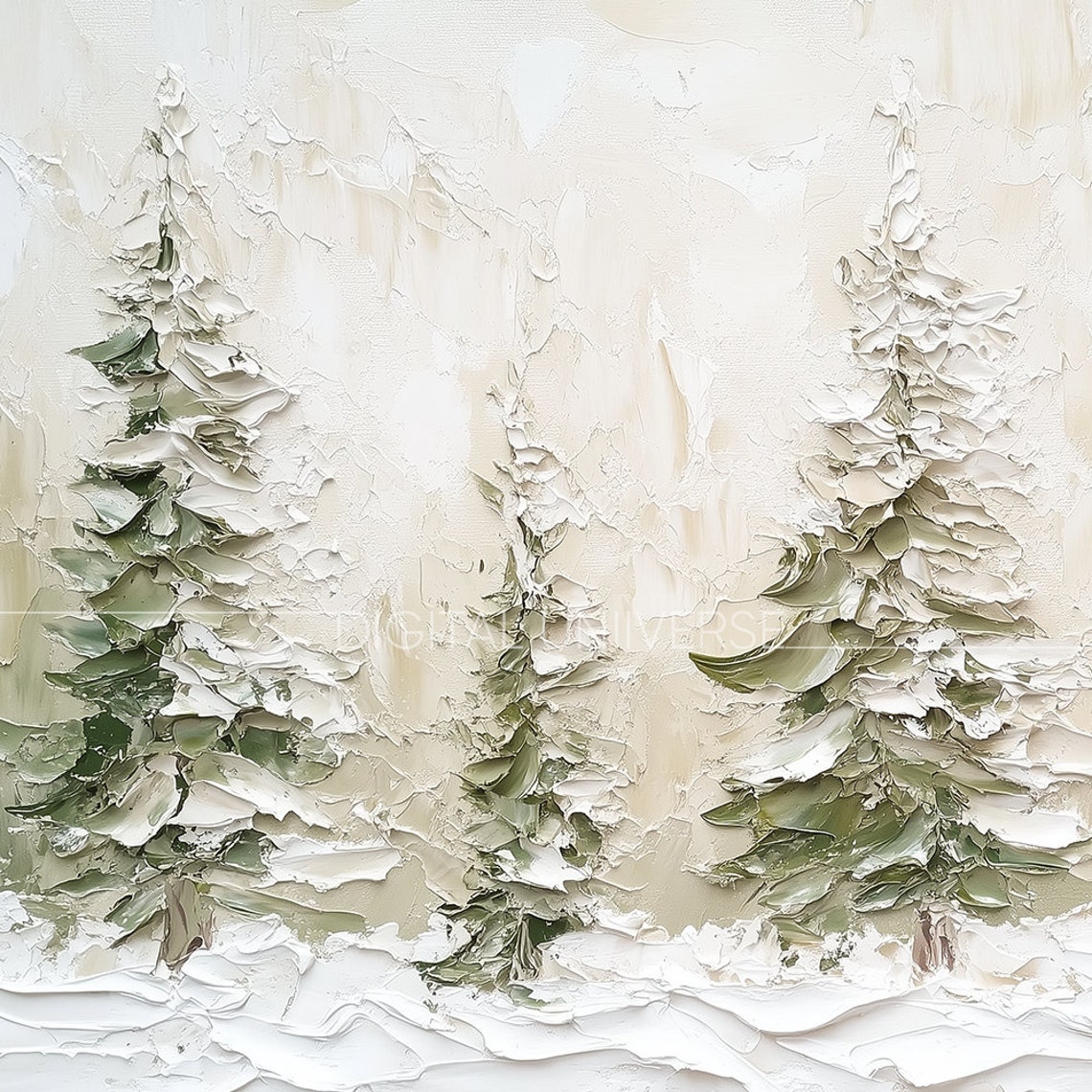Five Textured Snow Covered Evergreen Trees Winter Scene Wall Art - Image 4