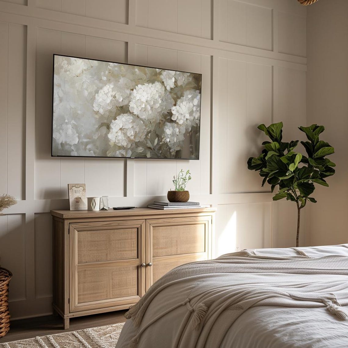 White Hydrangea Blossoms Soft Gray Impasto Floral Art Wall Art - Image 4