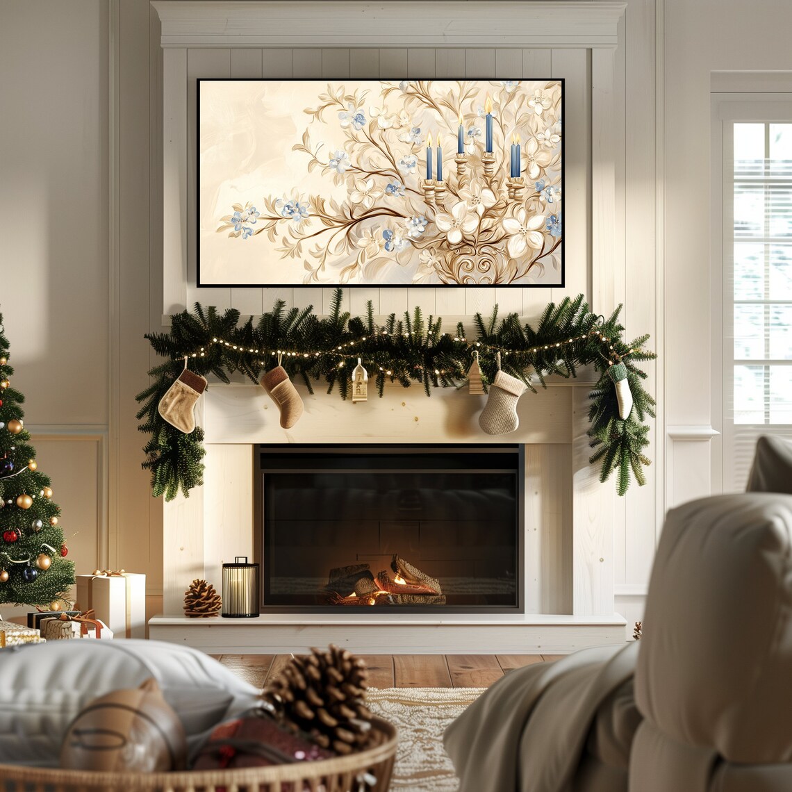 Golden Menorah with Blue Candles Among Blooms Hanukkah Floral Poster - Image 5