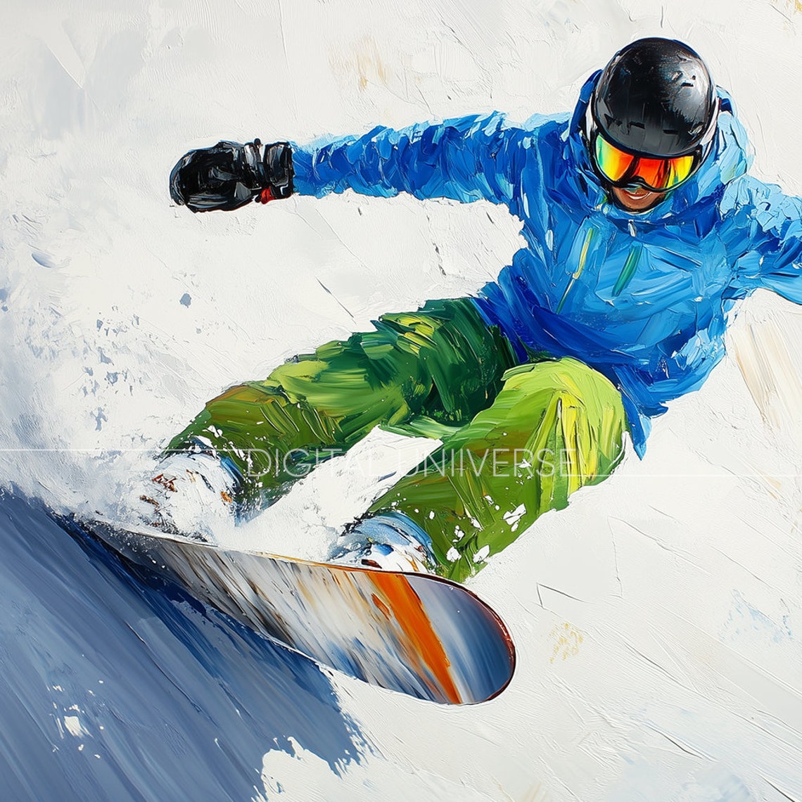 Oil Painting Winter Frame Tv Art Frame Tv Art Colorful Christmas Tv Art Ski Snow Painting For Tv A Snowboarder In A Blue Jacket - Image 4