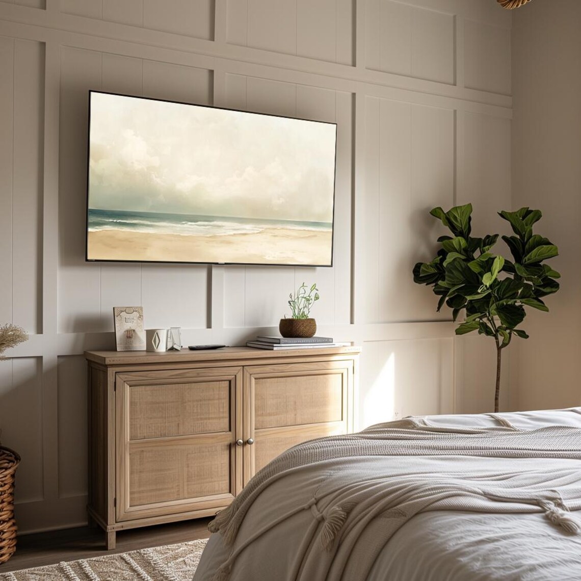 Calm Beige Beach Gentle Waves Minimalist Seascape Art Wall Art - Image 4