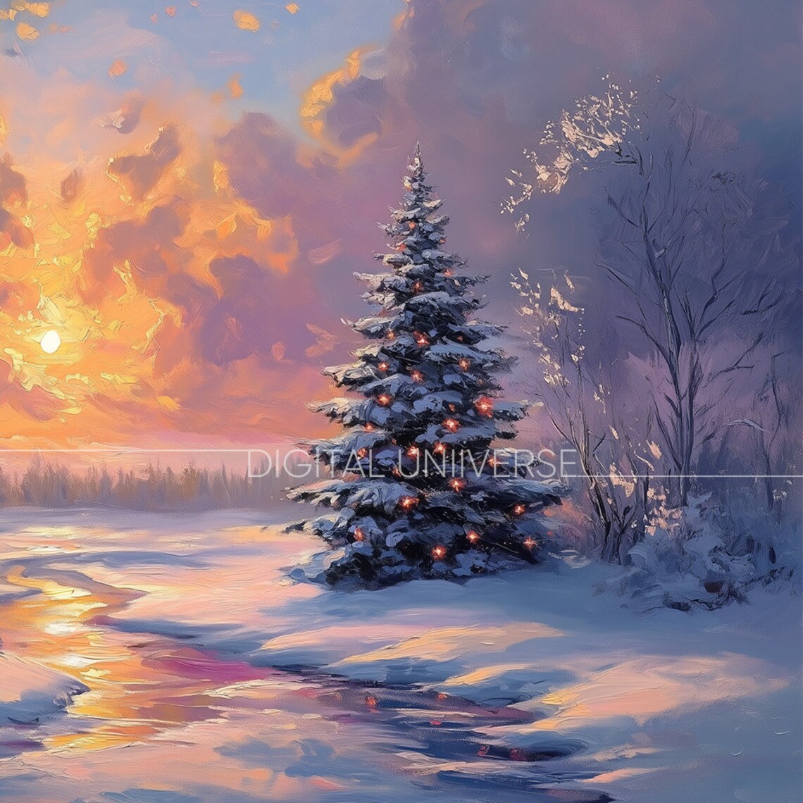 Christmas Tree Frozen Lake Sunset Snowy Winter Landscape Painting Poster - Image 3