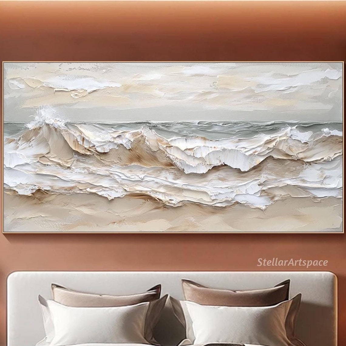 Neutral Ocean Waves Beige White Minimalist Coastal Impasto Art Poster