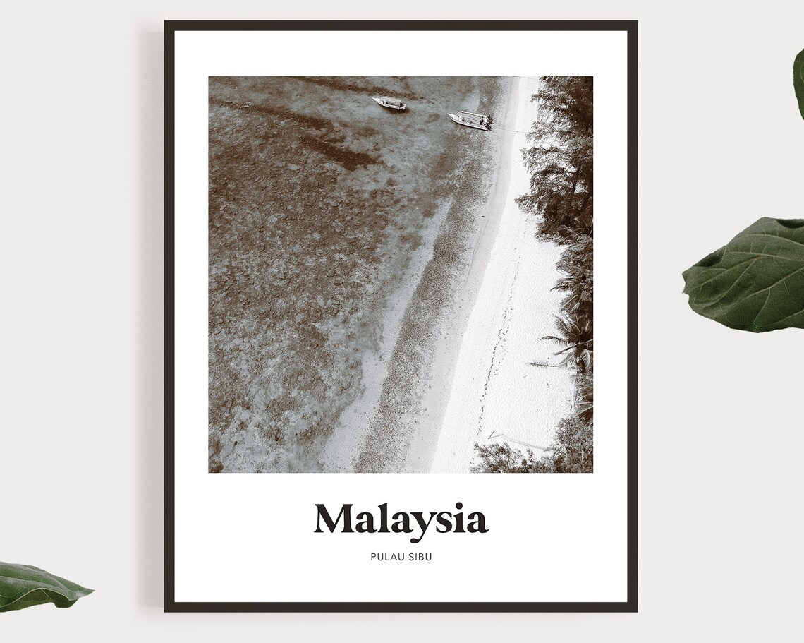 Malaysia Pulau Sibu Aerial Beach Black And White Photo Travel Poster