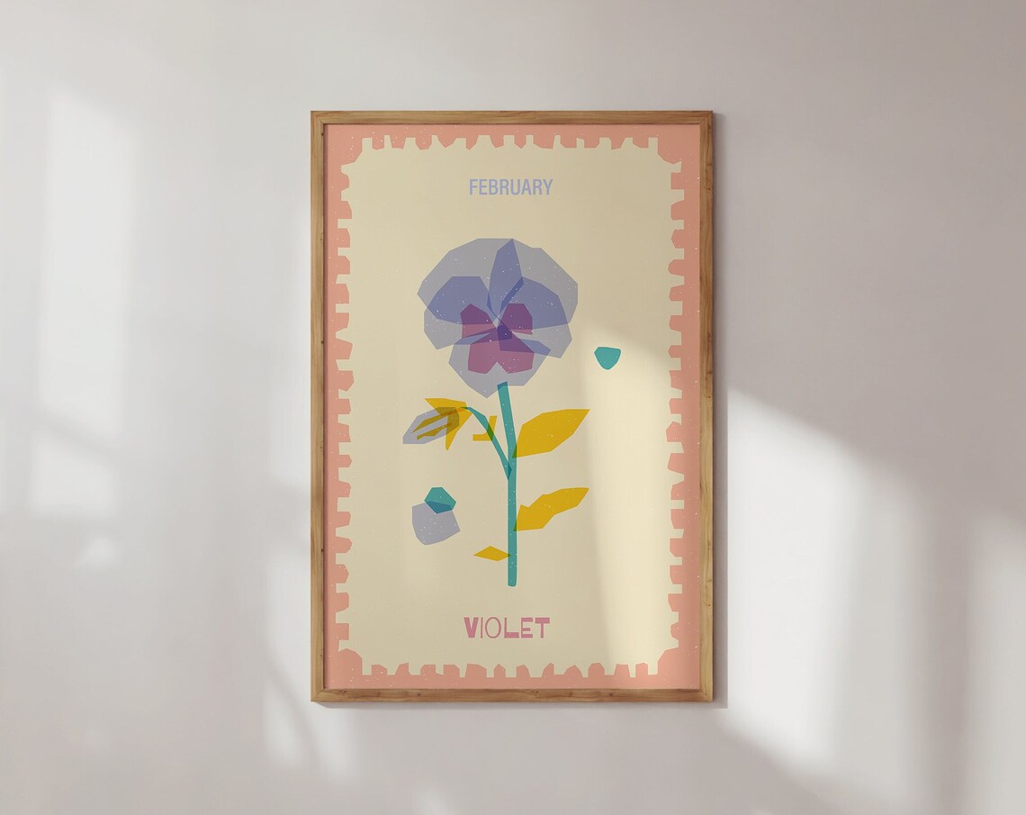February Violet Birth Flower Stamp Art Print Retro Botanical Gift