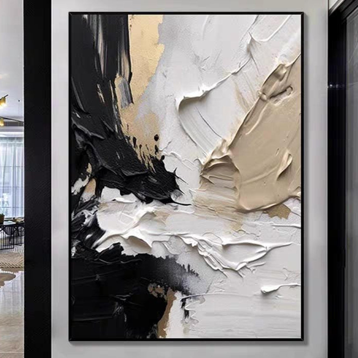 Black White Beige Palette Knife Thick Strokes Abstract Poster