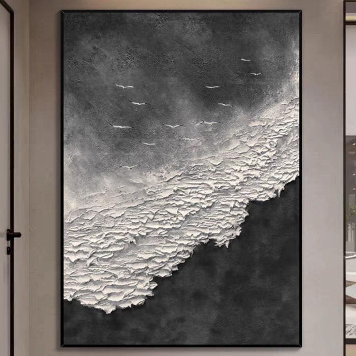Seagulls Flying Above Sea Waves Monochrome Coastal Art Poster