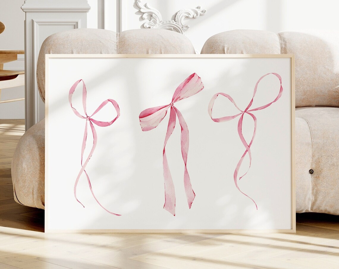 Three Pink Watercolor Ribbon Bows Horizontal Minimalist Poster