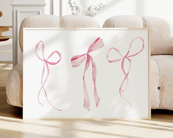 Three Pink Watercolor Ribbon Bows Horizontal Minimalist Poster