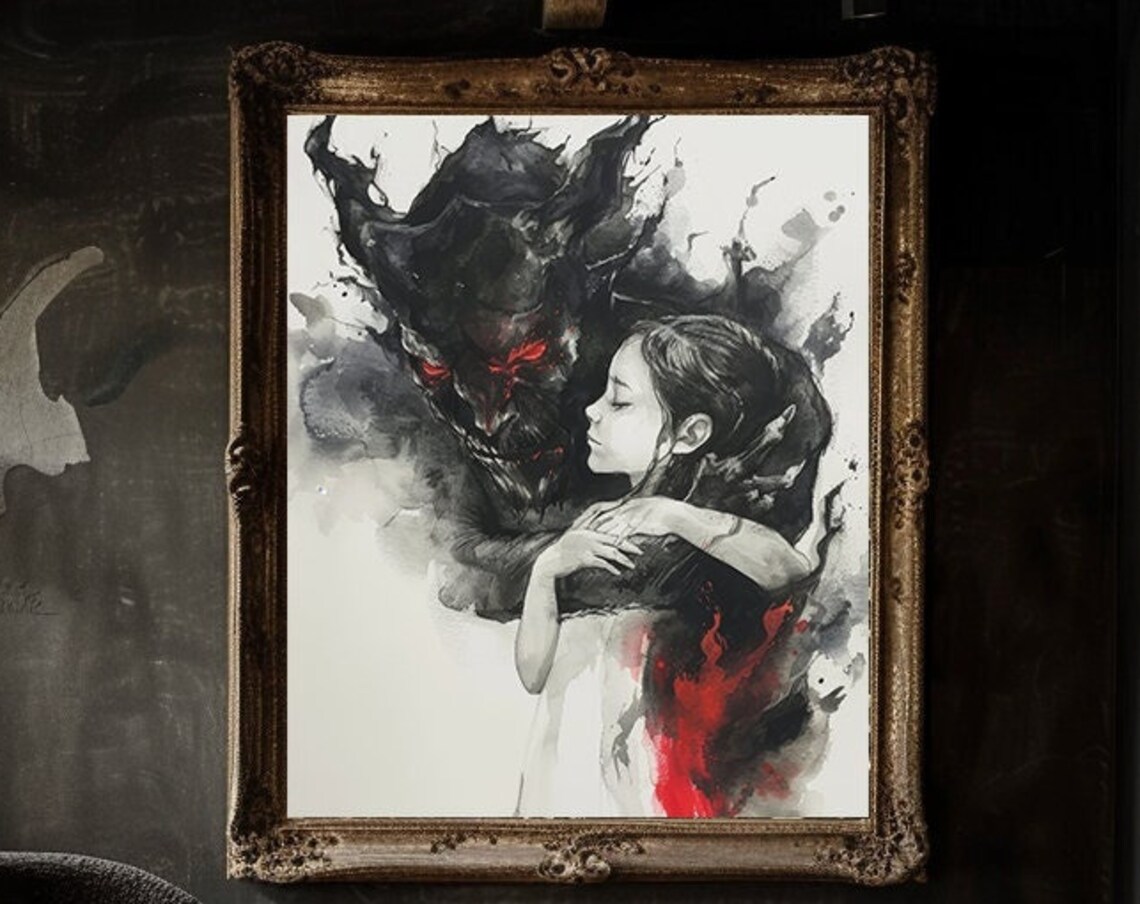 Dark Monster Embracing Girl With Red Eyes Fantasy Art Poster