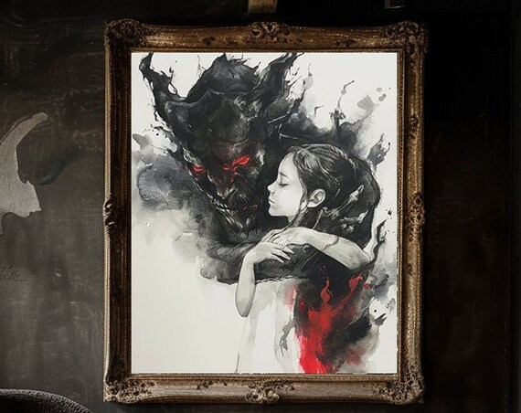 Dark Monster Embracing Girl With Red Eyes Fantasy Art Poster