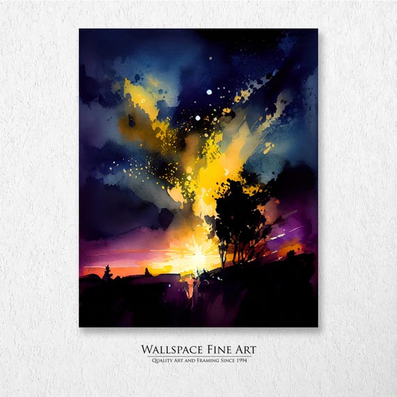 Brilliant Evening Sky Sunset Watercolor Landscape Painting Wall Art Dcor Print Wallspace Fine 20134
