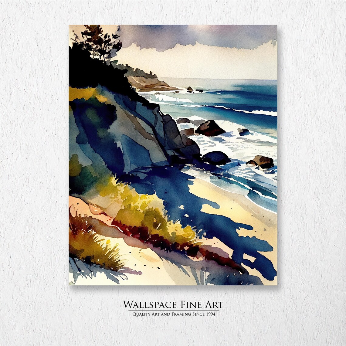 Rocky Ocean Bluff Cove Watercolor Seascape Coastal Art Print