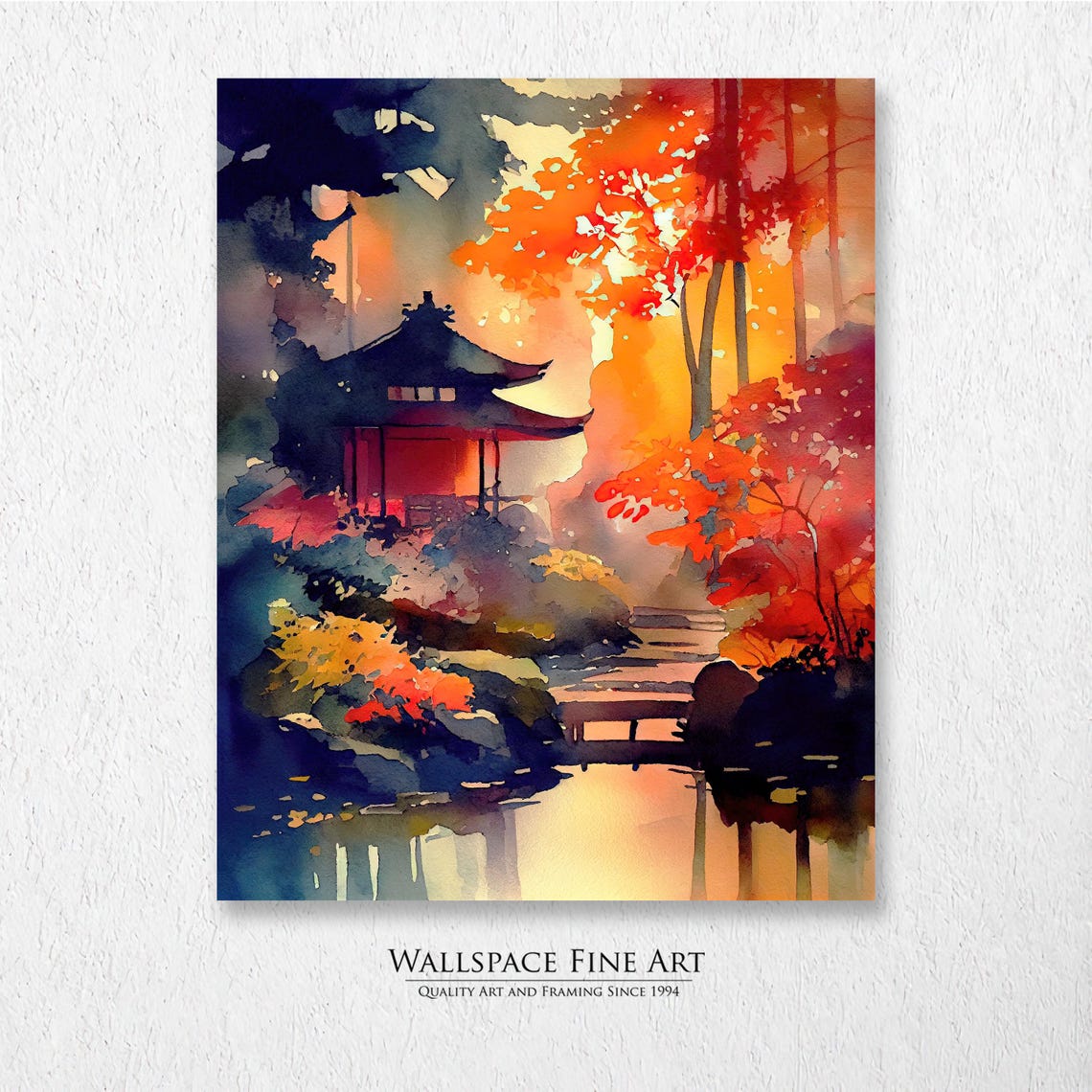 Japanese Zen Garden Autumn Pagoda Watercolor Landscape Wall Art