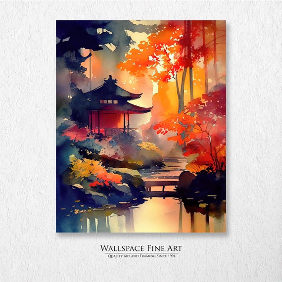 Japanese Zen Garden Autumn Pagoda Watercolor Landscape Wall Art