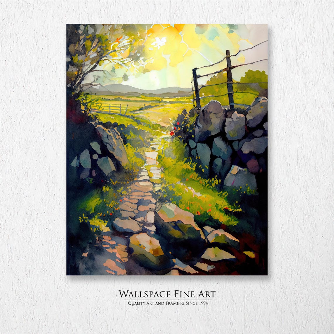 Sunlit Stone Garden Path Watercolor Peaceful Landscape Art Poster