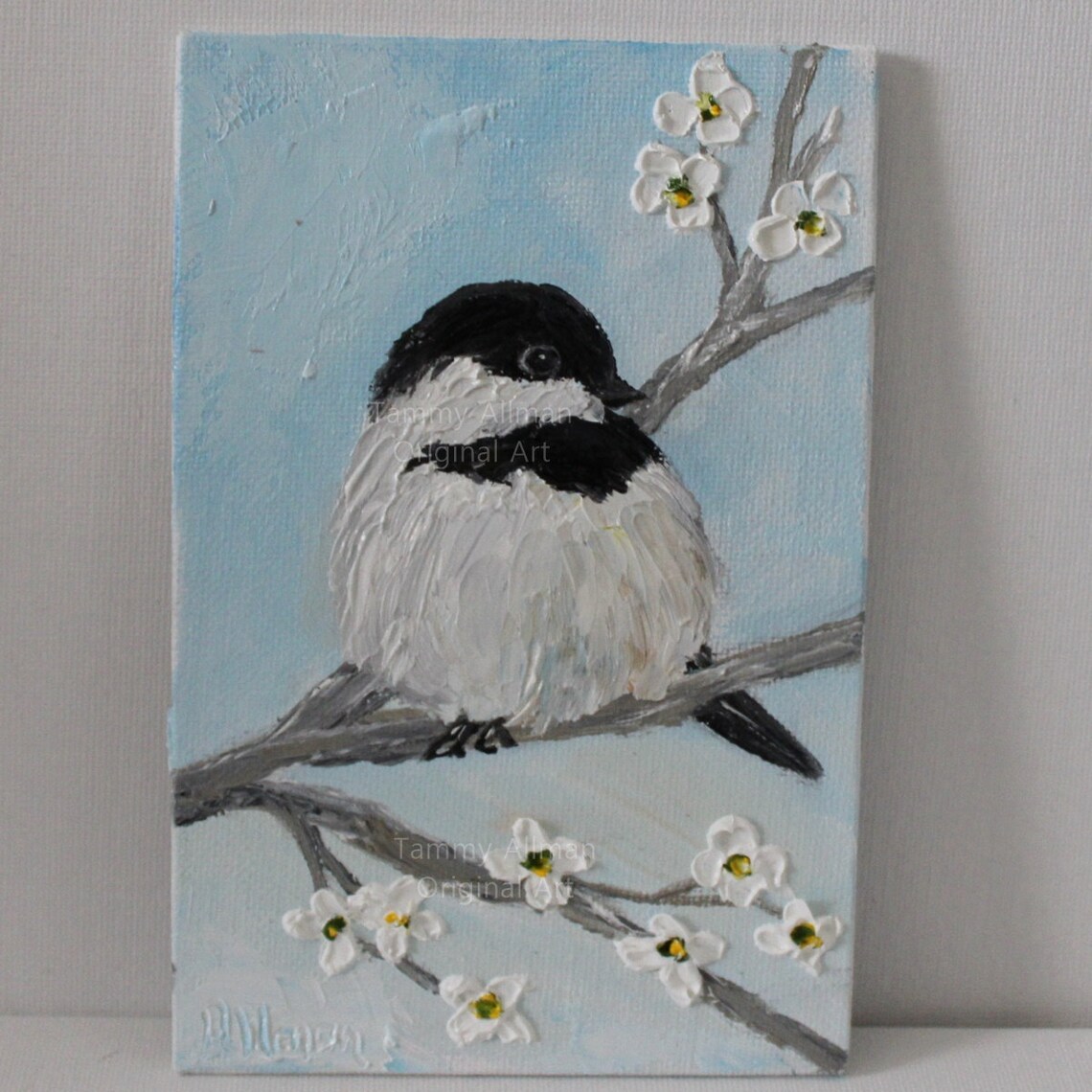 Black Capped Chickadee on Blossom Branch Impasto Oil Bird Poster - Image 3