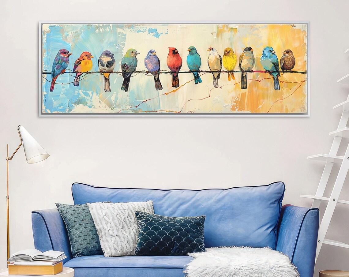 Colorful Birds on a Wire, Panoramic Wall Art Print