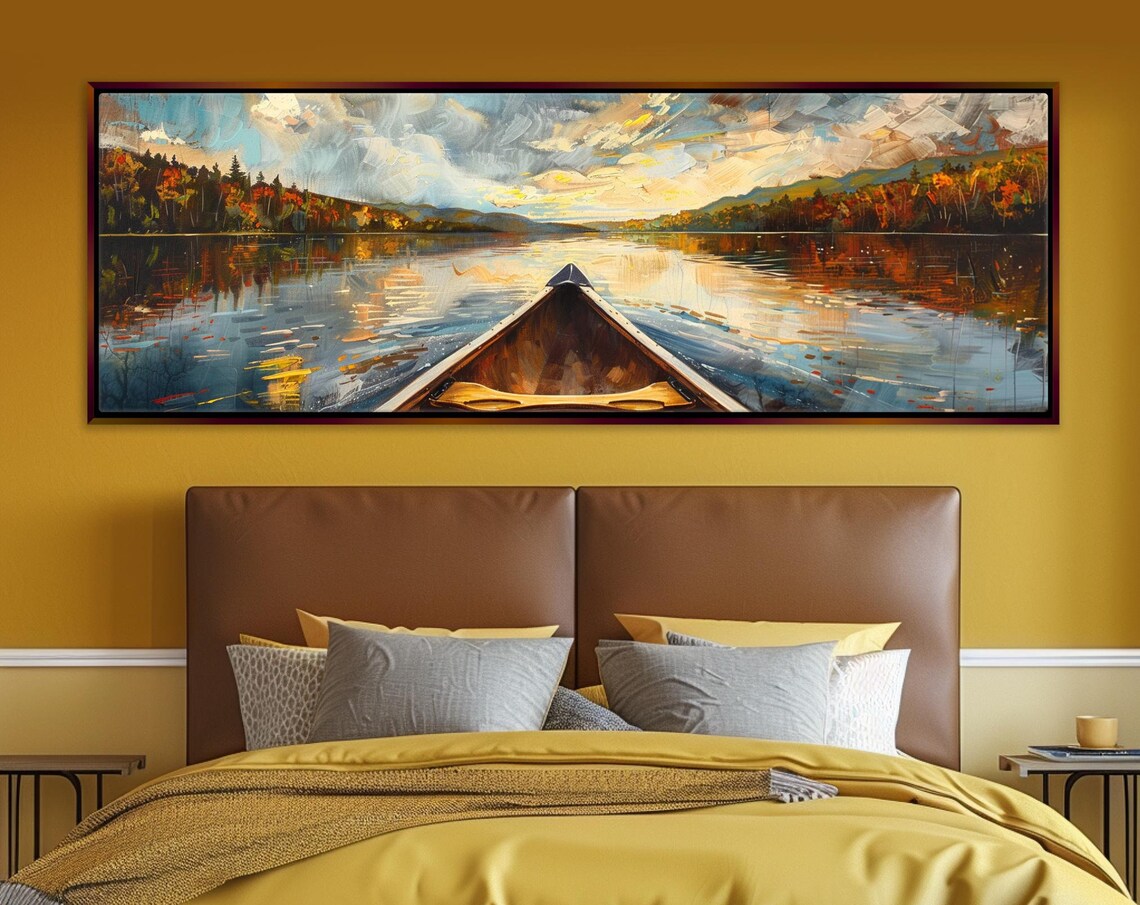 Canoe on River, Lakehouse Landscape Art Print