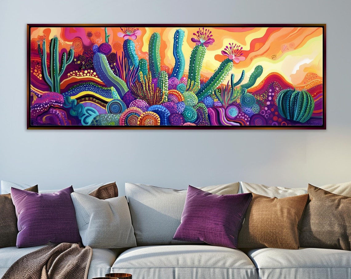 Saguaro Cactus Desert Sunset Psychedelic Colors Panoramic Wall Art