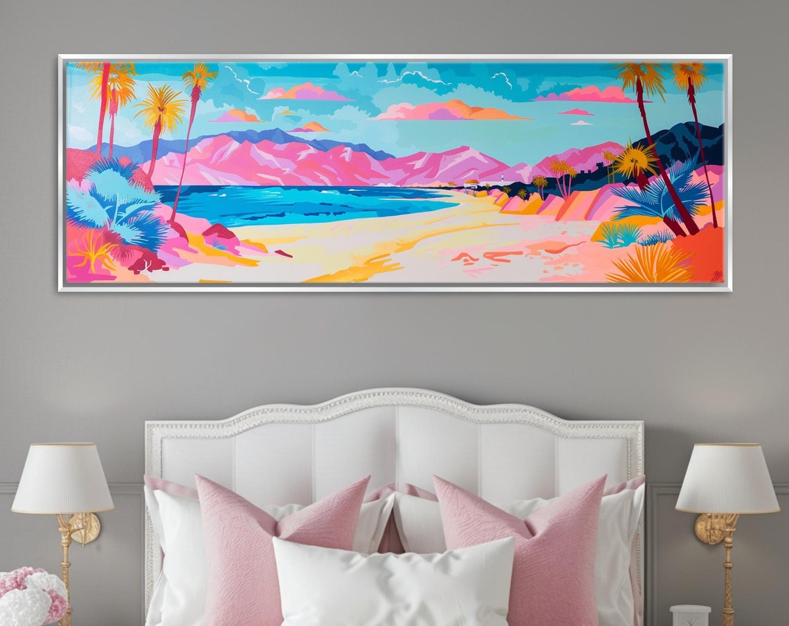 Pastel Beach Panorama Pink Mountains Turquoise Sea Palms Travel Poster