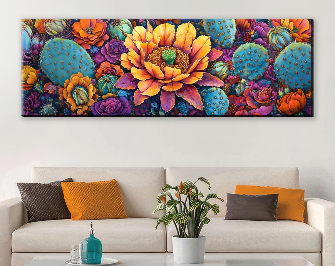 Desert Cactus Bloom Panoramic Vibrant Orange Purple Flowers Wall Art