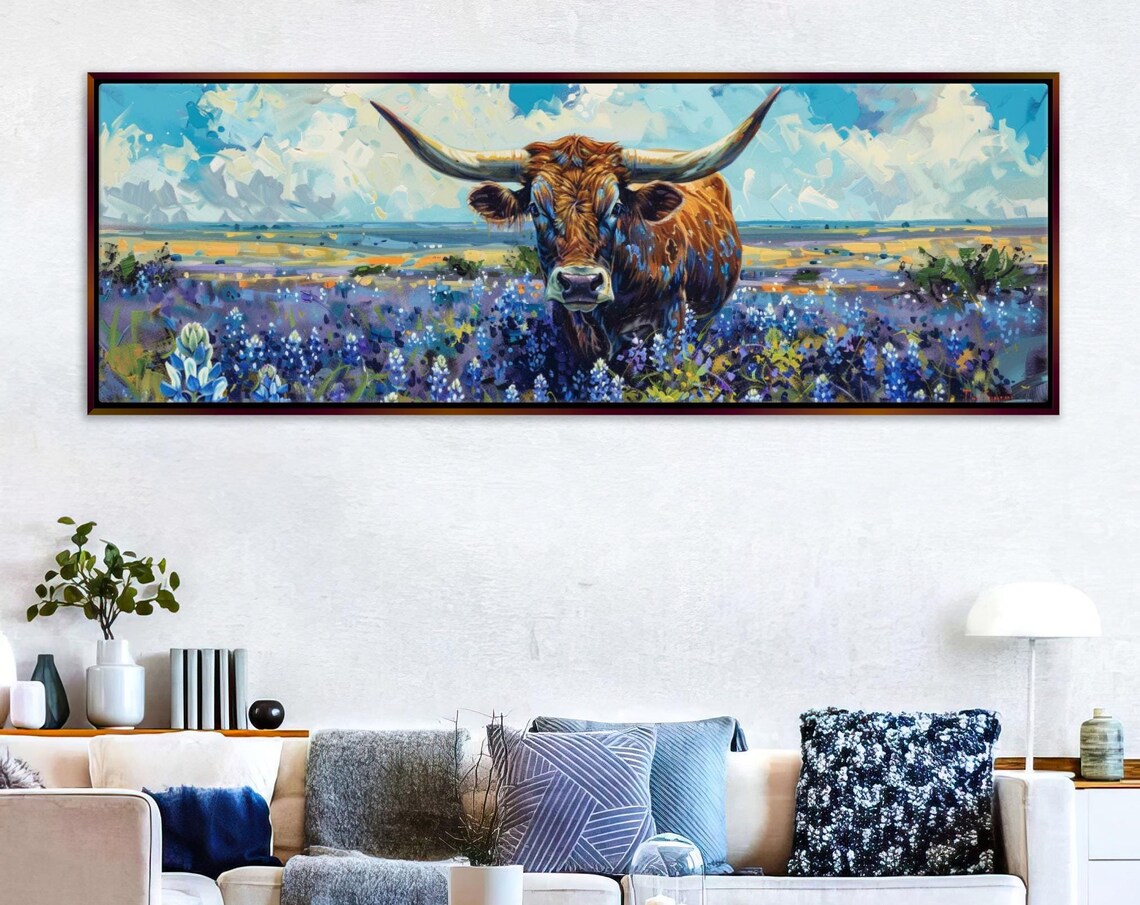Rustic Texas Longhorn and Bluebonnets Wall Art Print