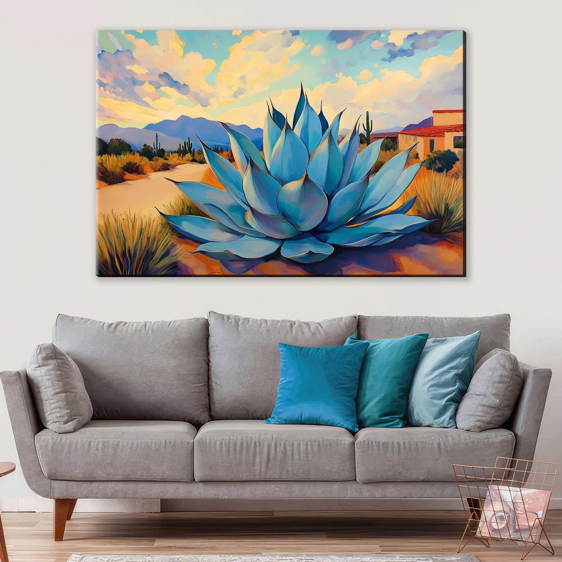 Blue Agave Cactus Desert Southwest Village Mountains Sunset Art Poster - Image 3