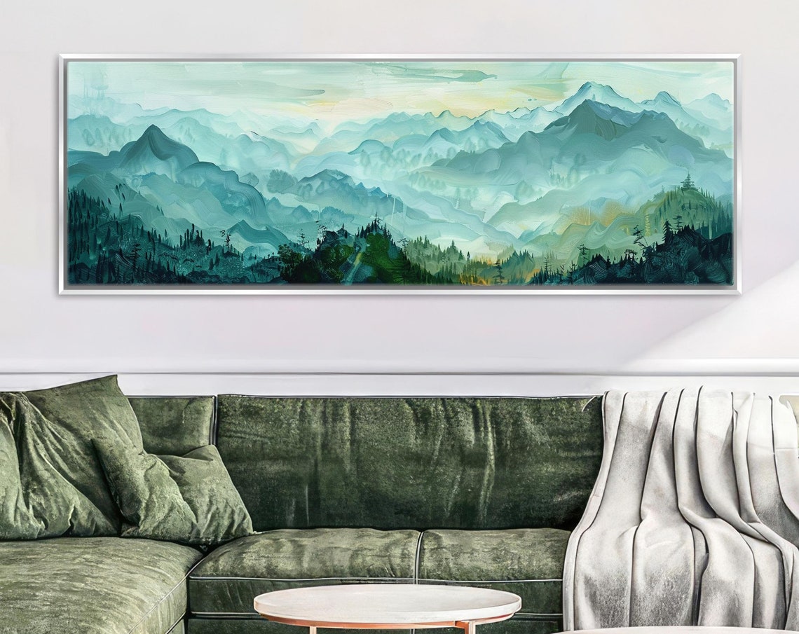 Misty Green Blue Mountain Ranges Soft Watercolor Panoramic Wall Art