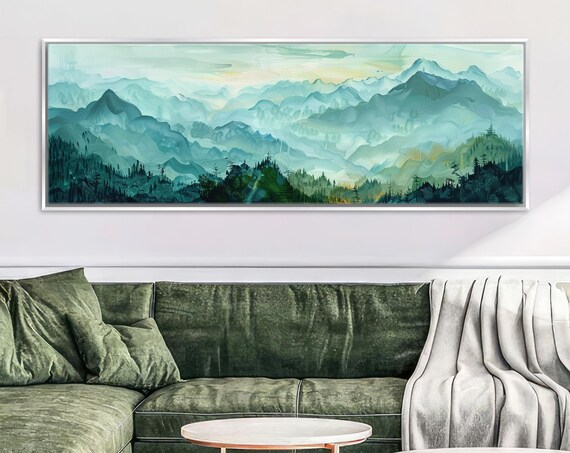 Panoramic Green Blue Mountain Range Framed Or Unframed Long Horizontal Gallery Wrapped Gicle Ready To Hang Extra Large Wall Art