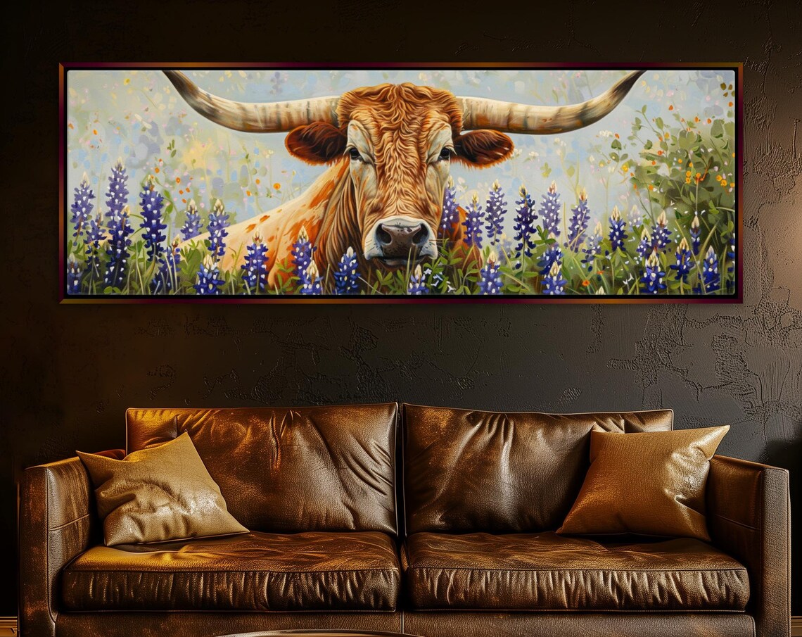 Texas Longhorn in Bluebonnet Field, Wall Art Print