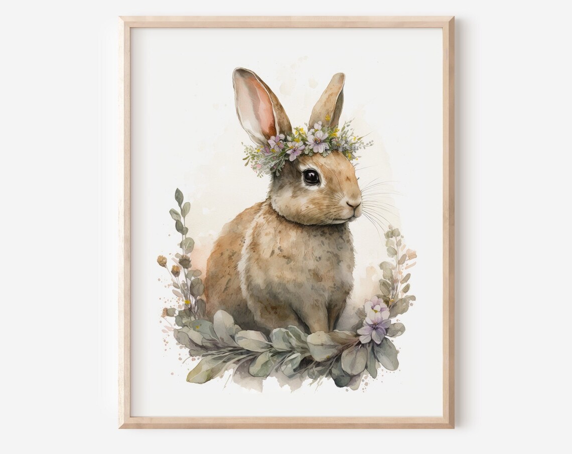 Rabbit Wall Art Bunny Flower Crown Nursery Print Boho Simple Easter Spring