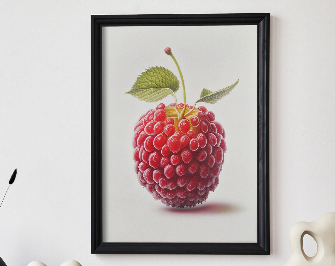 Giant Red Raspberry Botanical Oil Painting Kitchen Fruit Poster