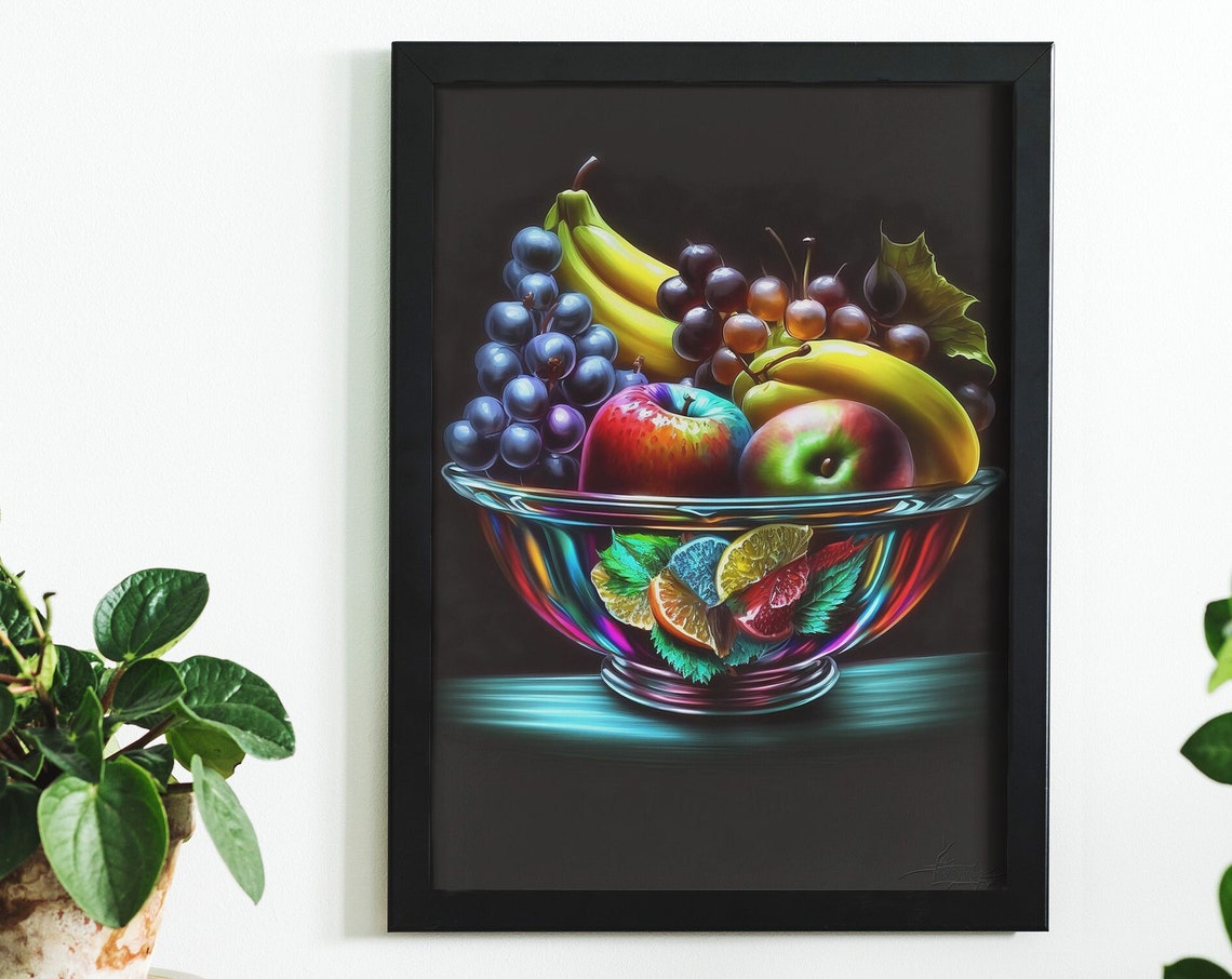 Colorful Fruit Bowl Glass Still Life on Dark Background Art Poster