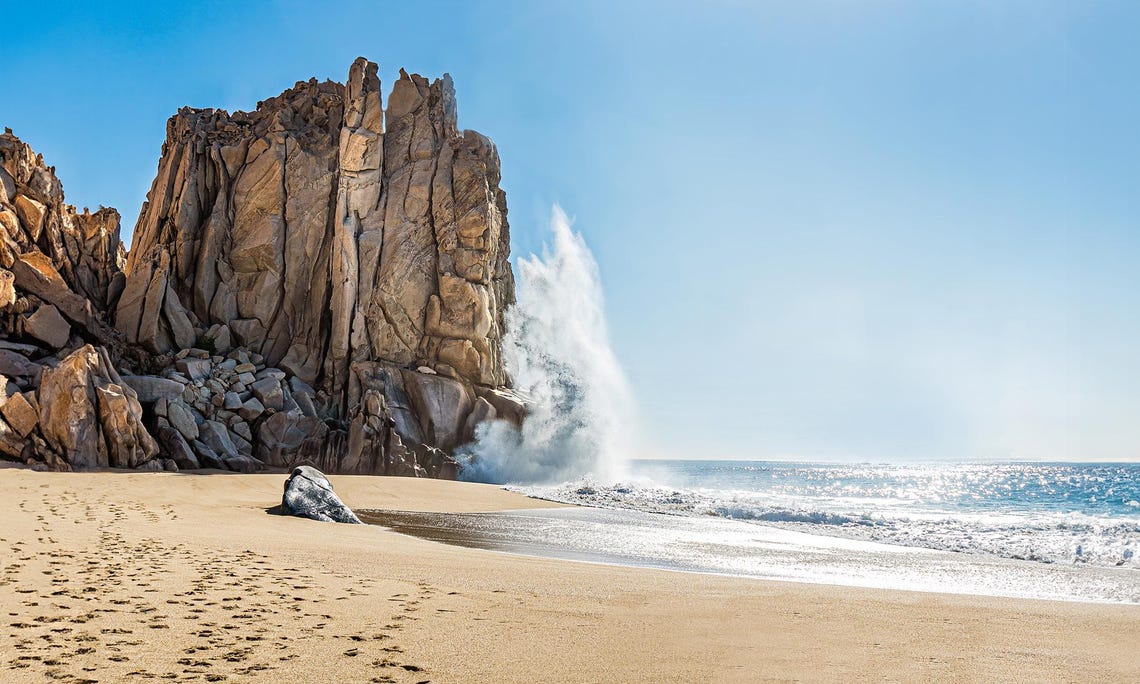 Cabo Rocky Cove Crashing Wave Spray Golden Beach View Poster