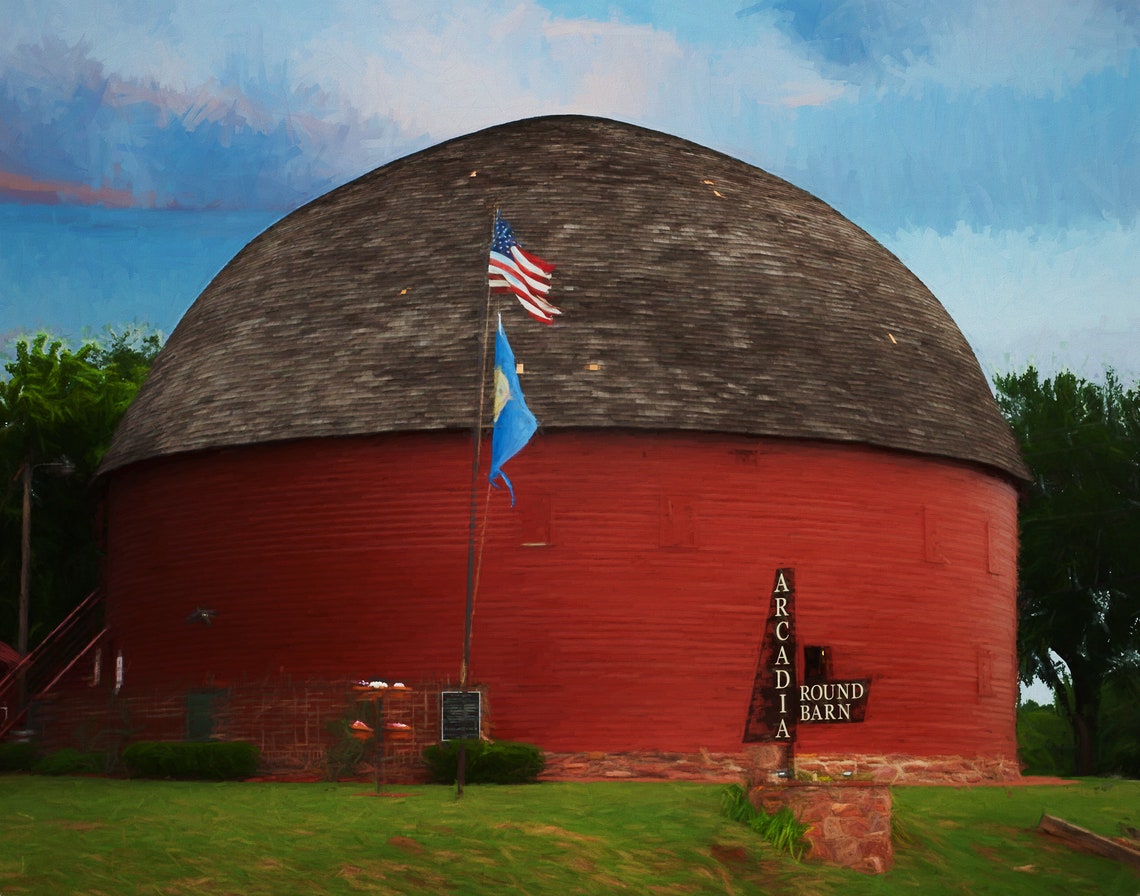 Arcadia Round Barn Route 66 Oklahoma Red Barn Flags View Poster